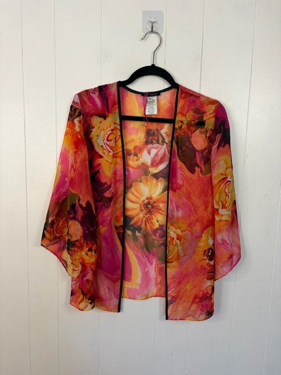 Bellissima Other - Floral Sheer Kimono Cover Up Bolero Size Medium Boho Open Front Top Pink Orange